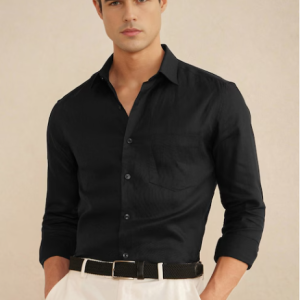 Men 100% Linen Black Classic Fit Solid Formal Shirt